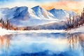 Watercolor illustration of a beautiful sunset, a lake and snow-capped mountains. Royalty Free Stock Photo