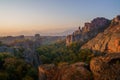 Beautiful sunrise sunset view of the Belogradchick Rocks Belogradchishki skali natural phenomenon in Bulgaria. Royalty Free Stock Photo