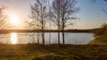 Beautiful sunrise or sunset view of nature landscape on sunny spring day. Green tall trees on lake coast line. Beautiful Royalty Free Stock Photo