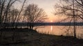 Beautiful sunrise or sunset view of nature landscape on sunny spring day. Green tall trees on lake coast line. Beautiful Royalty Free Stock Photo