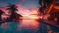 Beautiful sunrise at the swimming pool in hotel resort with palm trees. Royalty Free Stock Photo