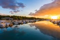 Beautiful sunrise with threatening clouds and a red sun. Royalty Free Stock Photo