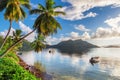 Beautiful sunrise on tropical island, Praslin, Seychelles. Royalty Free Stock Photo