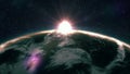 Beautiful sunrise view from space on Planet Earth. World close up rotating in Universe of blue sky stars. High detailed 4k 3D Rend