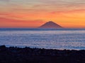 Beautiful sunrise withe the Stromboli island seen from the Salina island in the Aeolian islands, Sicily, Italy Royalty Free Stock Photo