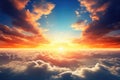 Beautiful sunset above clouds. Nature background. 3d illustration, Beautiful sunset in the sky with clouds and the sun, AI Royalty Free Stock Photo