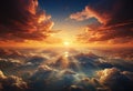 Beautiful sunset above clouds with rays of light Royalty Free Stock Photo