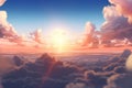 Beautiful sunset above clouds with rays of light. 3d render Royalty Free Stock Photo