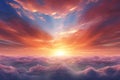 Beautiful sunset above clouds with rays of light Royalty Free Stock Photo