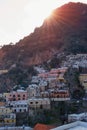 Beautiful sunset above the houses of famous  Positano town - Amalfi coast, Campania, South Italy Royalty Free Stock Photo