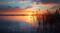 Beautiful sunset above the lake at evening with cloudy sky and reed grass AI generated Royalty Free Stock Photo