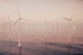 Beautiful sunset above the wind turbines in sea, ocean. Clean energy, wind energy, ecological concept. 3d rendering Royalty Free Stock Photo