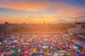 Beautiful sunset aerial view market roof top and city downtown