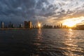 Sunset along the Hudson River in New York City with the Jersey City and Hoboken New Jersey Skyline Royalty Free Stock Photo