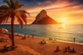 Beautiful sunset on the beach in Calpe, Alicante, Spain, Picturesque view of Cala d\'Hort tropical Beach, people hangout in Royalty Free Stock Photo