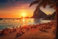 Beautiful sunset on the beach in Calpe, Alicante, Spain, Picturesque view of Cala d\'Hort tropical Beach, people hangout in Royalty Free Stock Photo