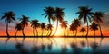 Beautiful sunset at a beach resort in the tropics. Palm trees and ocean coast. Generative AI Royalty Free Stock Photo