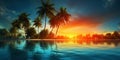 Beautiful sunset at a beach resort in the tropics. Palm trees and ocean coast. Generative AI Royalty Free Stock Photo