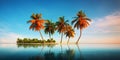 Beautiful sunset at a beach resort in the tropics. Palm trees and ocean coast. Generative AI Royalty Free Stock Photo