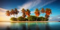 Beautiful sunset at a beach resort in the tropics. Palm trees and ocean coast. Generative AI Royalty Free Stock Photo