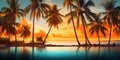 Beautiful sunset at a beach resort in the tropics. Palm trees and ocean coast. Generative AI Royalty Free Stock Photo