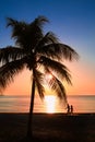 Beautiful sunset on the beach, sun goes down to the sea, two silhouettes man and woman under palm. Calm ambient, rest and relaxa