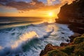 Beautiful sunset at the beach of Uluwatu, Bali, Indonesia, Seascape, ocean at sunset, Ocean coast with waves near Uluwatu temple