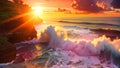 Beautiful sunset on the beach of Uluwatu, Bali, Indonesia, Seascape, ocean at sunset. Ocean coast with waves near Uluwatu temple