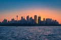 Beautiful Sunset behind Skyline of Sydney seen from the Sea, New South Wales, Australia