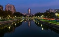 Beautiful sunset Bucharest Romania Bucuresti Dambovita river landscape reflection Royalty Free Stock Photo