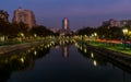 Beautiful sunset Bucharest Romania Bucuresti Dambovita river landscape reflection Royalty Free Stock Photo