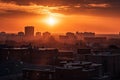 Beautiful sunset casting a golden glow over the sprawling city skyline, ai-generated Royalty Free Stock Photo