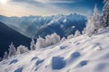 Beautiful sunset, clouds and frozen snow-capped mountains. Royalty Free Stock Photo