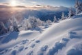 Beautiful sunset, clouds and frozen snow-capped mountains. Royalty Free Stock Photo