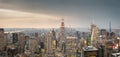 Aerial view of Manhattan skyline in New York City at sunset with the city lights. Royalty Free Stock Photo