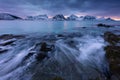 Beautiful sunset in cloudy day at Haukland beach in Lofoten island, Nordland Norway, Scandinavia