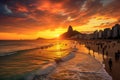 Beautiful sunset at Copacabana beach, Rio de Janeiro, Brazil, Ipanema beach in Rio de Janeiro on a gorgeous sunset, AI Generated