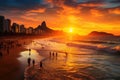 Beautiful sunset at Copacabana beach, Rio de Janeiro, Brazil, Ipanema beach in Rio de Janeiro on a gorgeous sunset, AI Generated