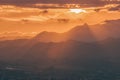 Beautiful sunset in Costa Blanca, Spain. View from Torre Aguilo in Villajoyosa. Dark silhouette of mountains on sunset Royalty Free Stock Photo