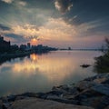 Beautiful sunset on the Dnieper River in the city of Dnipro Dnepropetrovsk, Ukraine.