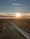 Beautiful sunset in a field. Cows in a feedlot