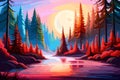 Beautiful sunset in the forest. pine trees and a big sun background, hue vibe, Vector illustration, generative ai Royalty Free Stock Photo