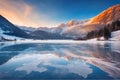 Beautiful sunset, a frozen lake and snow-capped mountains. Royalty Free Stock Photo