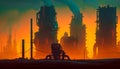 Beautiful sunset of futuristic society, Cyber punk style desktop background, 4k, huge industrial machinery, generative ai