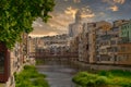 Beautiful sunset in Girona, Catalunya, Spain with view over River Onyar Royalty Free Stock Photo