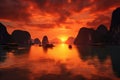 Beautiful sunset in Halong Bay, Vietnam. Halong Bay is a famous tourist destination of Asia, seascape sunset at Halong Bay, AI