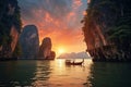 Beautiful sunset at Halong bay, Vietnam. Longtail boat on the sea. Amazed nature scenic landscape James bond island with a boat Royalty Free Stock Photo