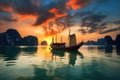 Beautiful sunset at Halong bay, Vietnam. Traditional fishing boat, seascape sunset at Halong Bay, AI Generated