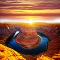 Beautiful sunset on Horseshoe Bend. Grand canyon, Glen Canyon, Arizona. Royalty Free Stock Photo