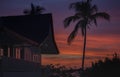 Beautiful sunset with house and palm trees silhouettes. Calm evening with colorful dusk sky. Twilight in tropical resort. Royalty Free Stock Photo